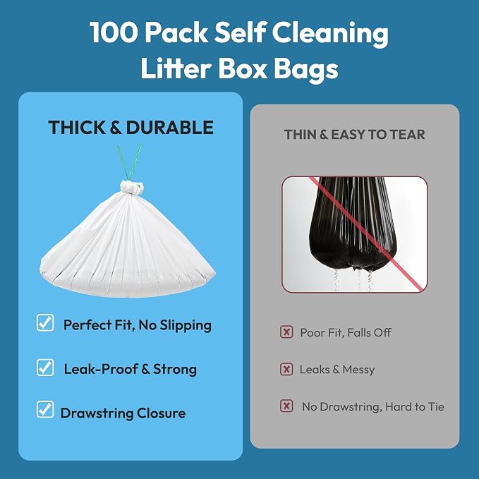 100 Pack Litter Box Liners, Compatible with PetSafe ScoopFree OpenSky Automatic Litter Box, Large Capacity Waste Bin Liners, Heavy Duty, Thick Drawstring Refill Bags, 25.39" x 12.6"