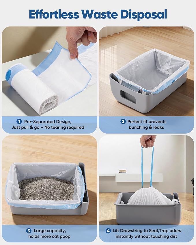 200 Count 26"x11.8" Self-Cleaning Cat Litter Bags - Heavy Duty Litter Box Liners for Cumrige Fumoi & Fsitego Automatic Litter Boxes - Pre-Separated Kitty Litter Bags with Drawstring(10-12 Gallon)