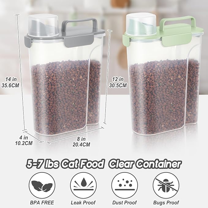 LEAWALK Cat Dog Food Storage Container Upgraded Large Nozzle, BPA-Free 5Lbs/6Qt/5L Plastic Pet Food Storage Container With 4 Sealed Clasps and Handle, Easy to Clean and Carry-2 Pack Gray+Green