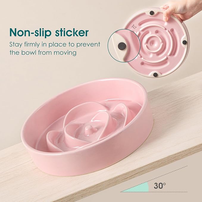 vancasso Slow Feeder Dog Bowl, 1.5 Cups Ceramic Slow Feeder for Medium Breed, Puzzle Maze Food Dog Bowl for Fast Eater, Pink