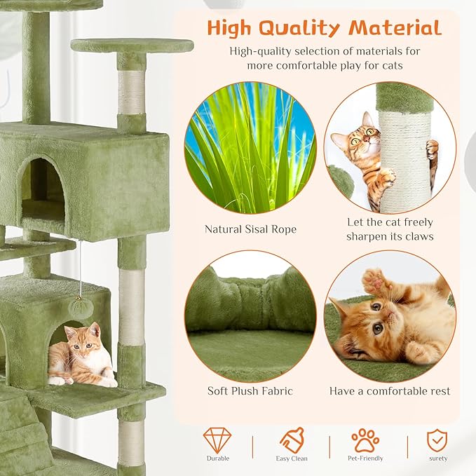 DUMOS 54 Inch Cat Tree Tower with Scratching Posts, Indoor Use | Multi-Level Pet House for Large Cats with 2 Condos, Round Platform, Small Ladder and Toys, Green