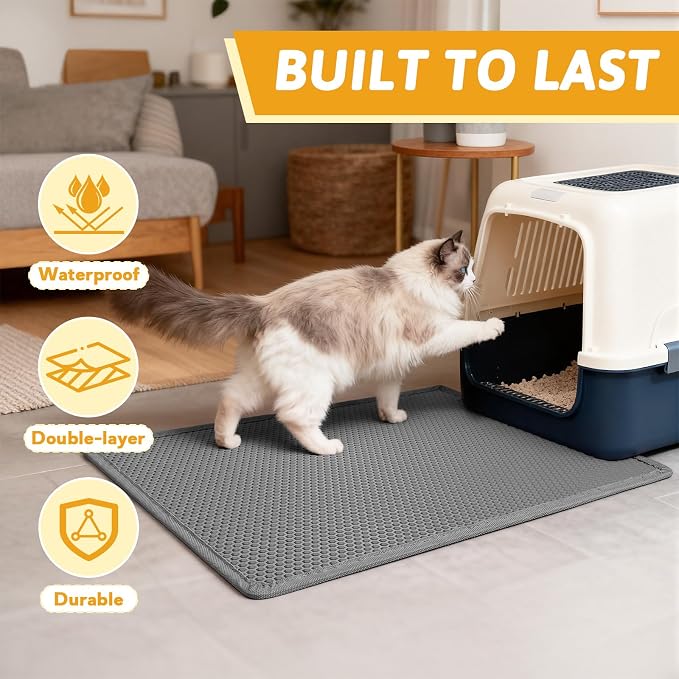 Pieviev Litter Box Mat, Double-Layer Urineproof Design, 30" x 24" Gray | Honeycomb Litter Trapping Mat Captures Scattered Particles to Stop Tracking, Waterproof Base Protects Floors, Easy to Clean