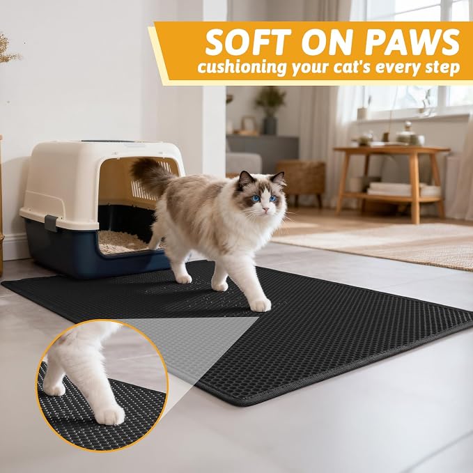 Pieviev Litter Mat, Double-Layer Waterproof Trapping Mat, 36" x 30" Black | Honeycomb Design Catches Scattered Particles to Stop Tracking, Urineproof Base Protects Floors, Easy to Clean