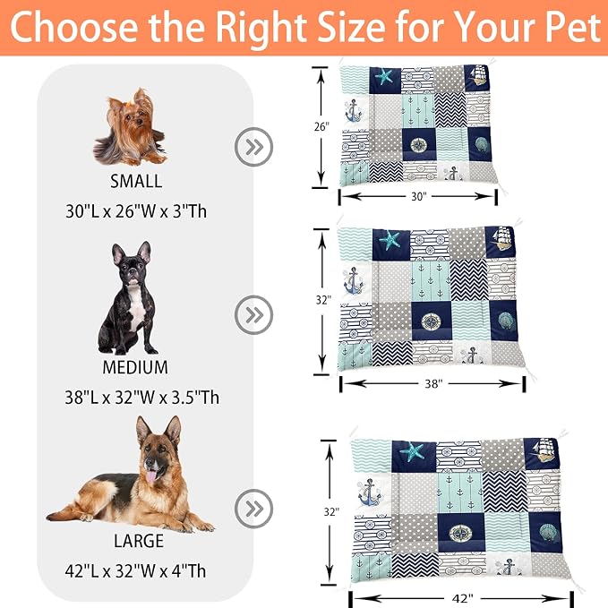 HOSIMA 42L*32W Inch Nautical Print Pet Mat for Under Dog Crate,Plaid Patchwork Ocean Themed Fuzzy Washable Pet Crate Pad,Plush Soft Cozy Pad Suitable for Large Dogs Sleeping.