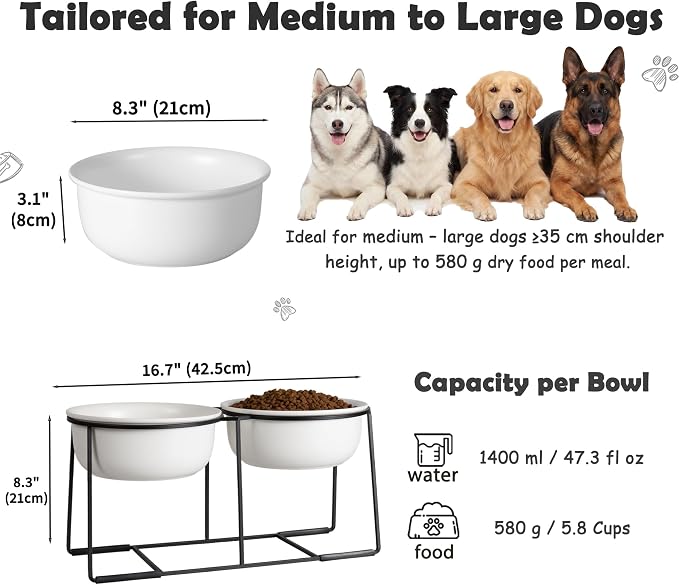 Ceramic Elevated Dog Bowl Set - Raised Double Feeding Bowls with Metal Stand - Pet Dishes for Medium and Large Dogs - 5.8 Cups - 47.3 fl oz - Matte White