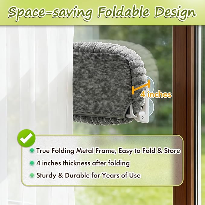 Zoratoo 2PC Cat Window Perch with Bolster Foldable Cat Hammock Cushion Bed for Window with Metal Frame, Cloud-Cuddle Cordless Window Resting Seat for Indoor Cats (Cushion Bed, Gray-L)