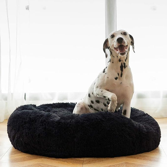 HACHIKITTY Calming Donut Cuddler Dog Bed, Round Fluffy Pet Bed for Large Dogs,Washable, Large, Black, 30''