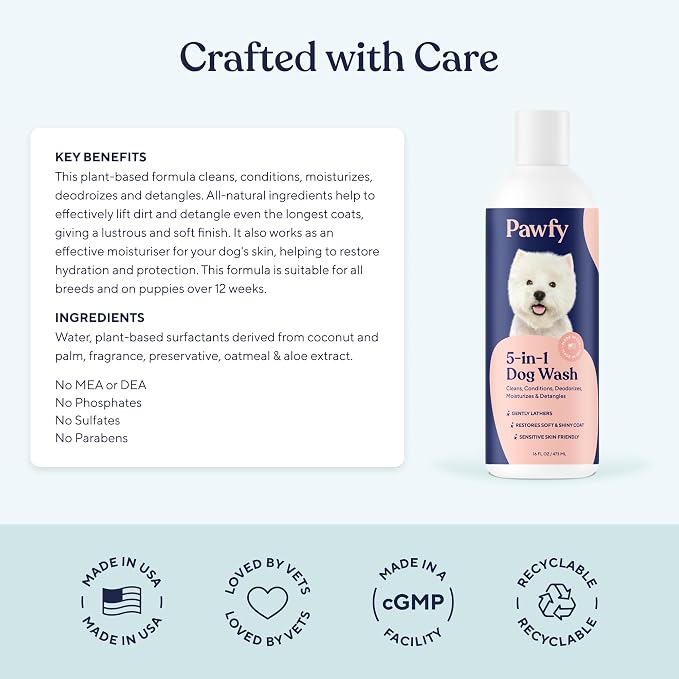 Pawfy Dog Shampoo & Conditioner, Oatmeal & Aloe for Itchy Sensitive Skin | Wash away that doggy smell and leave your pup fresh, clean and soft, with a gentle formula that won't dry their skin.
