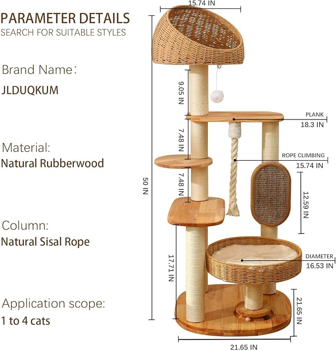 50 in Wooden Cat Tree for Indoor Cat, Large Cat Tower | Multi-Level Cat Condo,Modern Tall Design, with Scratching Post, with Hand-Woven Cat Bed, for Medium Size Cat, Easy to Clean
