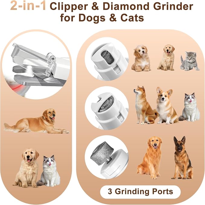 2-in-1 Dog Nail Clippers and Cat Nail Clippers with Light, Quick Sensor and Safety Guard, USB Rechargeable Pet Nail Trimmer with 2 LED Lights for Large Medium Small Dogs and Cats (White)
