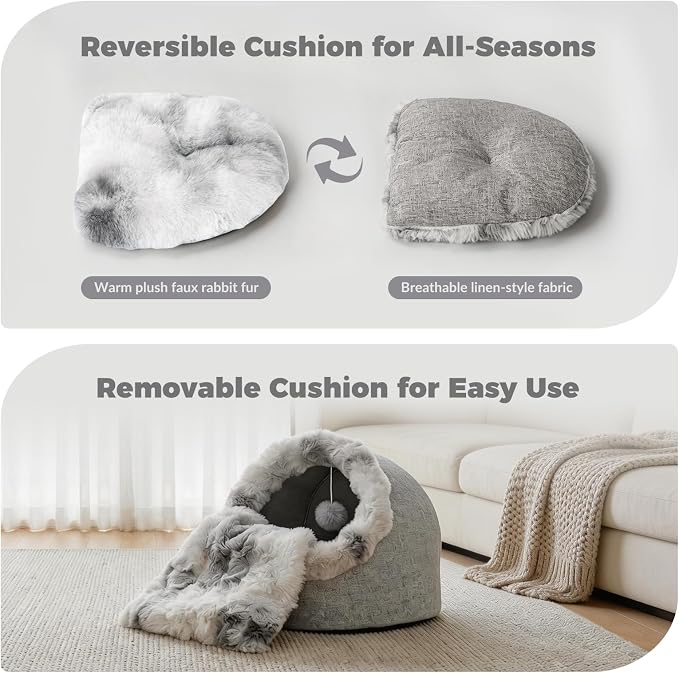 Avont Cat Bed Cave for Indoor Cats, Semi-Enclosed Cat House with Anti-Slip Bottom & Removable Washable Cushion, Warm Plush Cat Tent for Kittens & Puppy -M