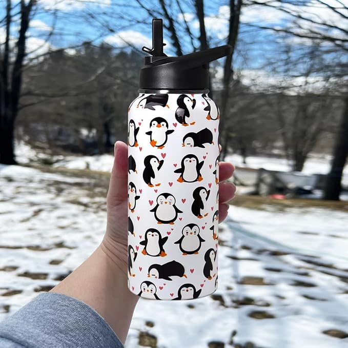 32oz Penguin Stainless Insulated Aater Water Bottle with Straw,Penguin Gym Hiking Sports Coffee Mug Cup Water Bottles,Penguin Gifts for Women,Penguin Decor Stuff Accessories