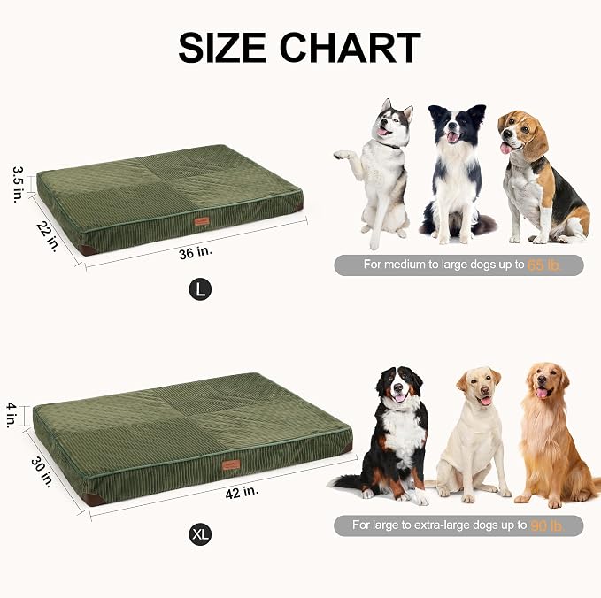 FUKUMARU Large Dog Bed, Thickened Waterproof Dog Mat with Washable Cover | Corduroy Orthopedic Dog Bed for Crate, 28D Egg Crate Foam Support Pet Mat, Cozy Flat Dog Pad with Anti-Slip Bottom, Green