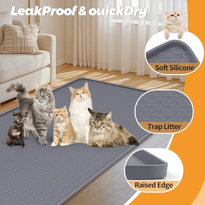 Cat Litter Mat for Litter Box 51"x25.6" Extra Large Silicone Mat,Light Grey | Waterproof Non-Slip Litter Box Mat with Raised Edges, Cat Litter Trapping Mat for Pet, Cat Litter Rug for Floor