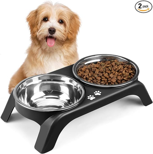 Elevated Dog Bowls for Small Dogs, 3” High Raised Dog Bowl Stand with Dual 5” Stainless Steel Bowls Non-Slip Pet Feeder for Puppy and Cats, Dishwasher Safe, Black