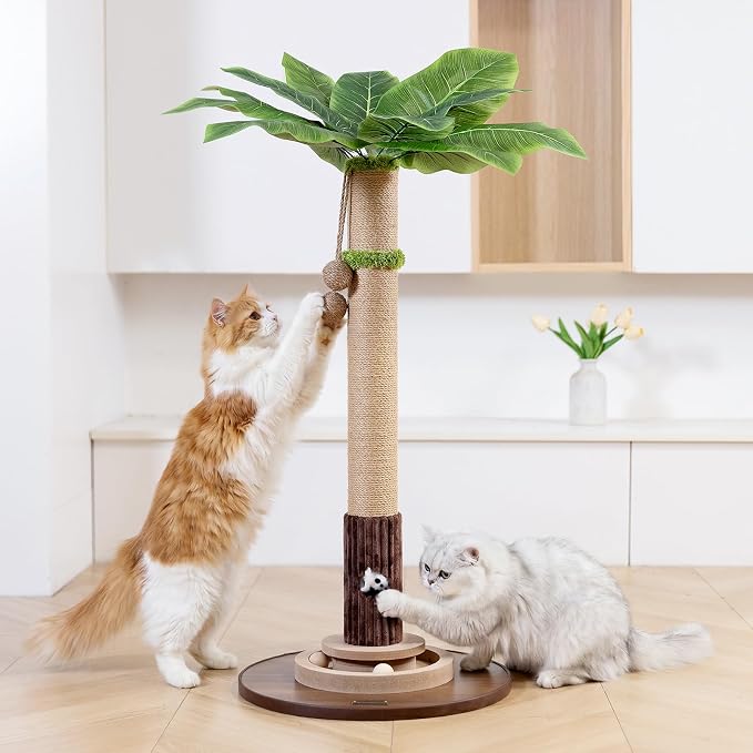 WOOCHPET Cat Scratching Post for Indoor Cats 35" Tall, Sisal Cat Scratcher with Mouse Toy and Track Balls, Wooden Base (Brown)