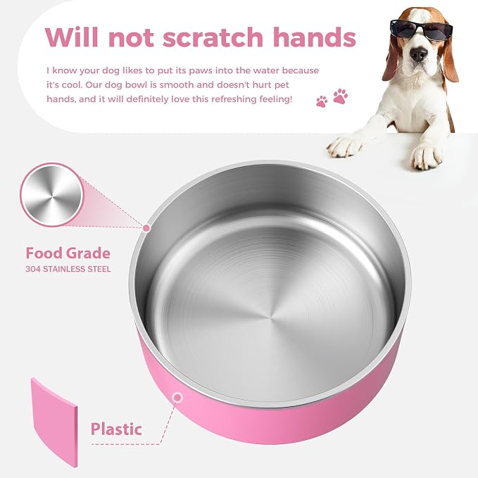 WENBOKMIN Dog Bowl, Stainless Steel Dog Food and Water Bowl with Non Slip Quiet Bottom, Easy to Clean, Dishwasher Safe, 64oz, Pink