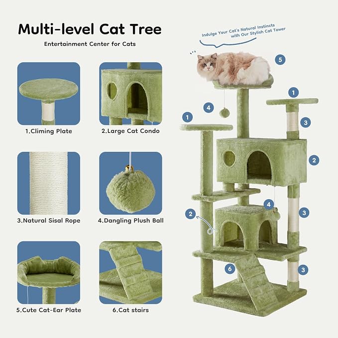 DUMOS 54-inch Cat Tree Tower with Scratching Posts, Indoor Use | Multi-Level Pet House for Large Cats with 2 Condos, Round Platform, Small Ladder and Toys, Green
