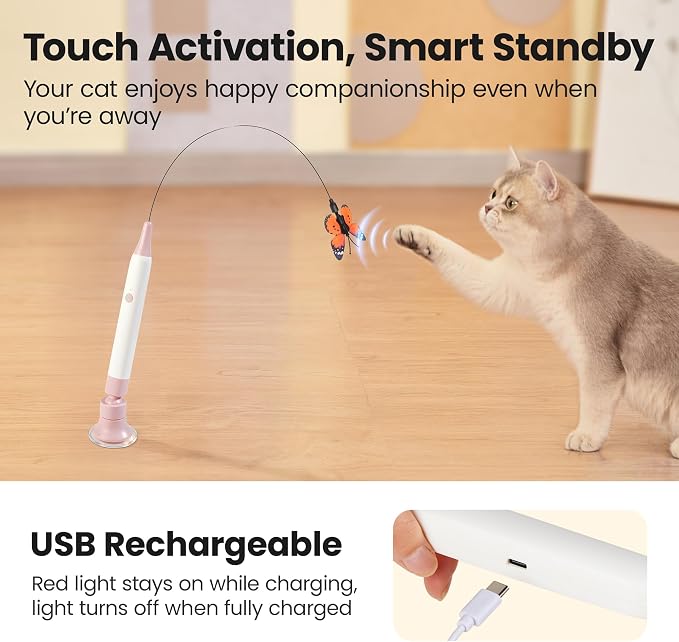 Potaroma Interactive Spinning Butterfly Cat Toy Wand – Rechargebale Electric Touch Activated Cat Teaser with Suction Cup Self-Play & Handheld Mode for Indoor Kittens, Durable Automatic Play Toy