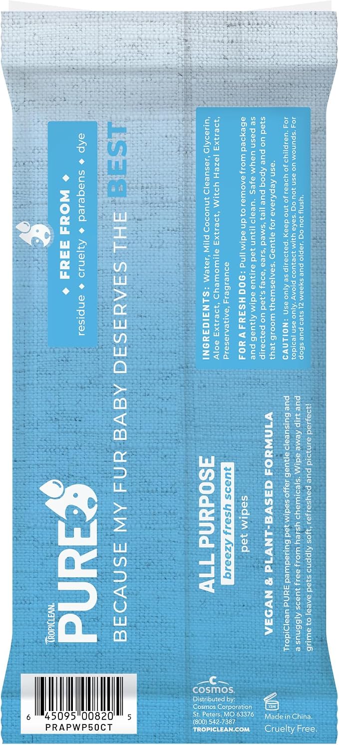 TropiClean Pure All Purpose Dog Wipes, Breezy Fresh Scent, 50ct