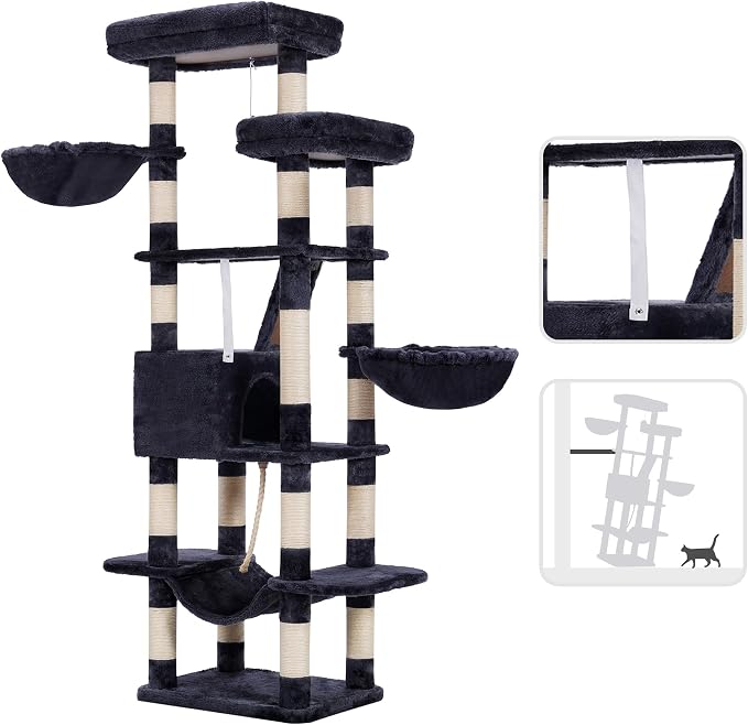 Heybly Cat Tree, 68 inch Multi-Level Cat Tower for Indoor Cats HCT025G | Cat Condo with 2 Widened Plush Perches, 2 Cozy Baskets, Scratching Board and Big Caves, Smoky Gray