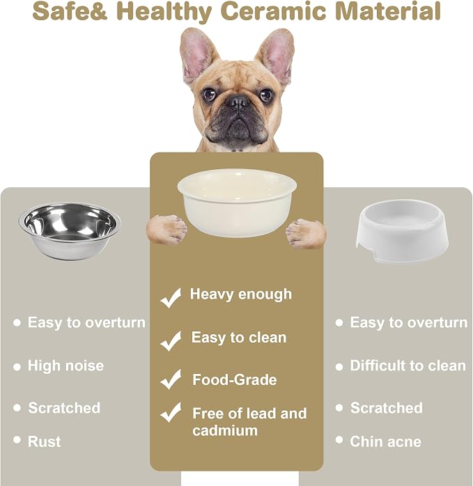 Ceramic Replacement Dog Bowls for Wordcam SS01 Model, 6.9"X2.6", Beige | Food and Water Bowl Set, for Small Medium Cats, Pet Feeding Dishes for Dogs 20-35lbs, Thicker Ceramic, Anti-Skid, 28Oz/800ML