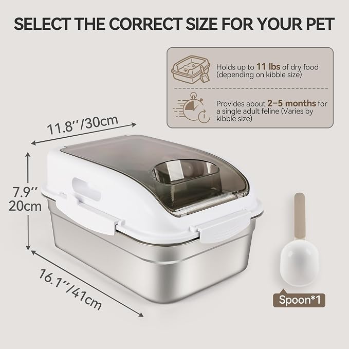 ALL FOR PAWS 304 Stainless Steel Dog Food Container, Cat Food Storage Container with Scoop, Airtight Metal Pet Food Storage Bin to Keep Food Fresh, Mouse Proof Small Storage Bin Fits Up To 11 Lbs