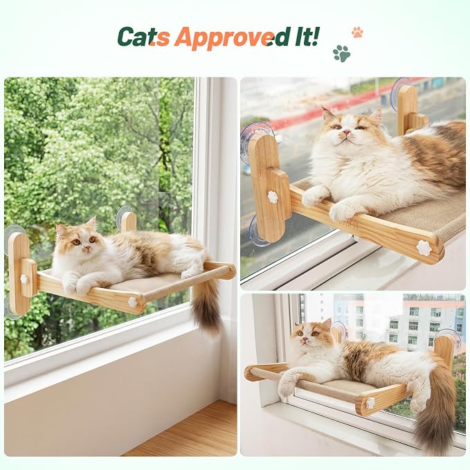 Cat Window Perch, 100% Natural Pine Foldable Cat Window Seat, Cordless Safety Design with 50LBS Weight Capacity, No Drilling Easy Installation for Indoor Cats & Home Decor