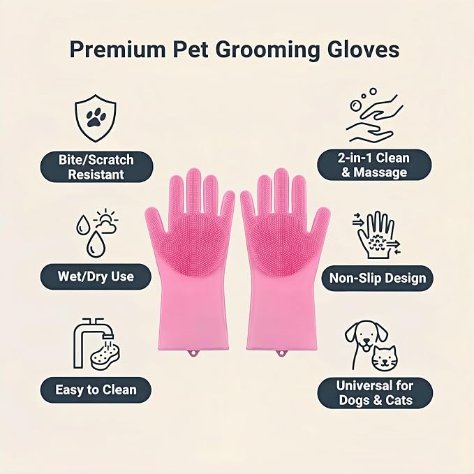 Silicone Dog Grooming Glove for Dogs and Cats, Enhanced Five-Finger Fit, Non-Slip & Extended Cuff, Dual-Sided Pet Bath Brush for Washing, Massage & Deep Cleaning 1 Pair (Pink)