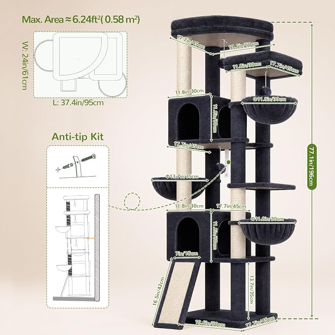 Globlazer 77in Cat Tree Tower for Indoor Cats Large Adult, F77, Dark Grey | Heavy Duty Multi-level Climbing Tower with 6 Scratching Posts & Board, 2 Roomy Condos, 2 Padded Perches, 3 Sturdy Baskets