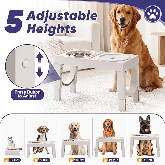 XIAZ Elevated Dog Bowls Large Breed Raised Dogs Bowl Stand Large/Medium Sized Dog Slow Feeder Dogs Bowls Food Water Stands 5 Heights Adjustable 9/11/12/14in Pet Feeder Dish Station