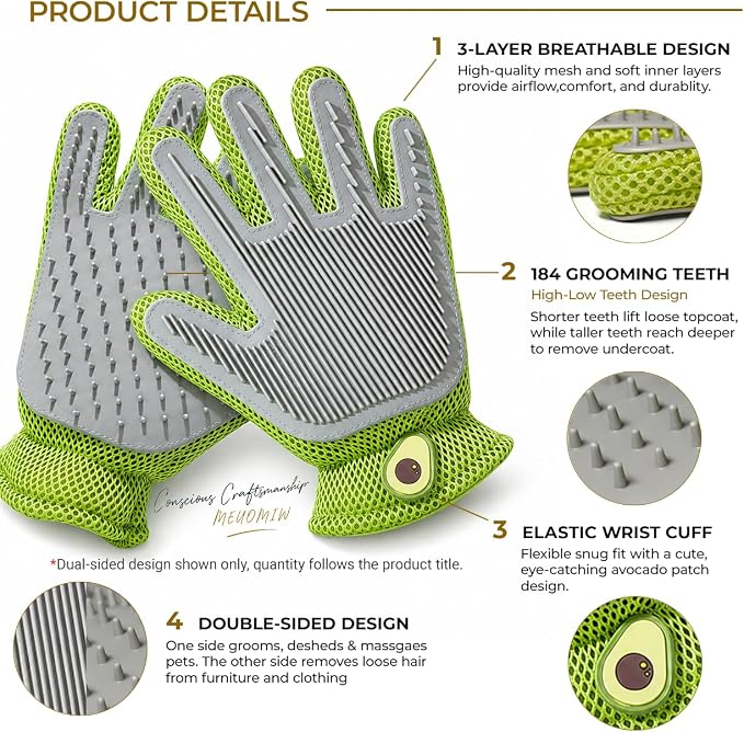 MEUOMIW - Pet Grooming Glove & Hair Remover - Deshedding Brush for Shedding Control - Gentle Massage Mitt for Dogs & Cats with Long and Short Fur - Ideal for Bathing and Grooming (one piece)