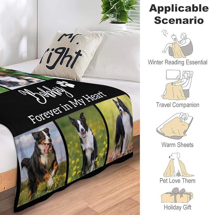 Artsadd Personalized Dog Memorial Blanket, Custom Photo Fleece Throw Blanket, 50x60 inches, Black