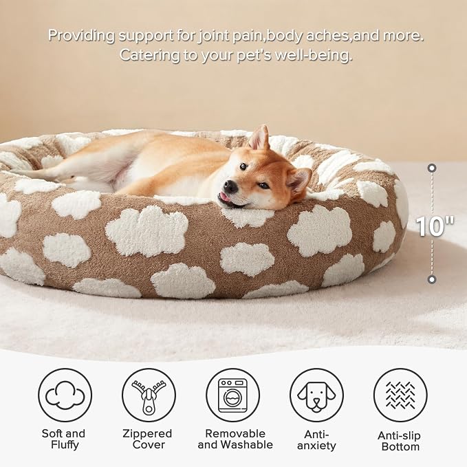 JOEJOY Donut Large Dog Bed, Cute Round Calming Dog Bed with Removable Washable Cover, Orthopedic Pet Beds with Jacquard Shaggy Plush & Non Skid Bottom, Black