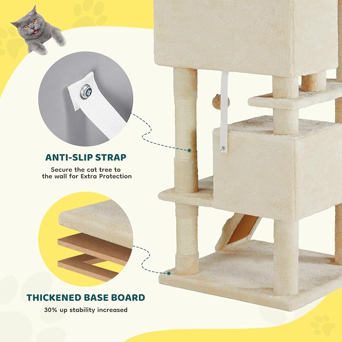 54 Inch Cat Tree Tower with Sisal Scratching Post | Multi-Level Cat Climbing Tower with Hammock, Pet Condo for Indoor Cats and Kittens, Beige