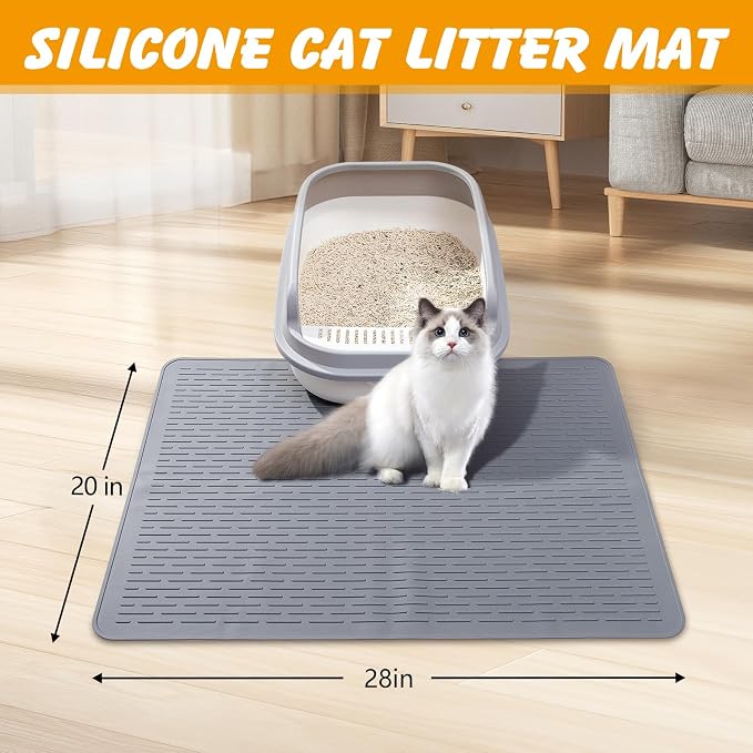 Silicone Cat Litter Mat, Waterproof, Raised Edge, 28 x 20 in, Gray | Quick-clean silicone, leakproof floor protection, non-slip base, doubles as feeding mat