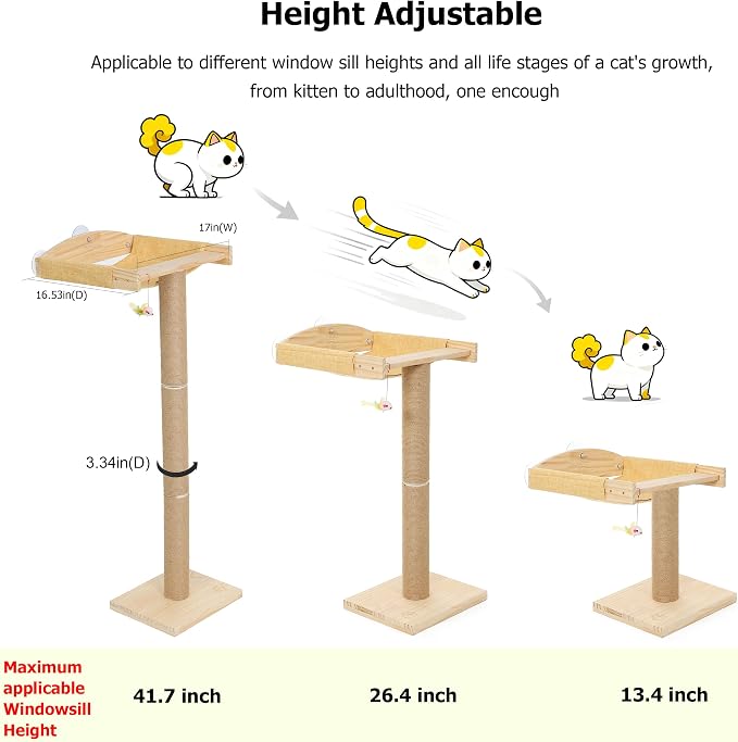 Cat Window Perch with Scratching Post, 46-Inch Tall Climbing Tree & Hammock | Heavy-Duty Suction Cups; Drill-Free; Pine Wood Frame; Holds Up to 40 lbs; For Small to Medium Cat; Sunbathing & Bird Watching