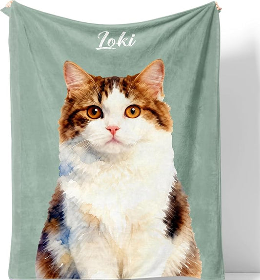 Custom Gifts for Cat Dad Mom Personalized Fleece Throw Blanket with Pet Portrait Picture & Name Cute Cozy Soft Warm Unique Gifts for Pets Lover (Watercolor Style)