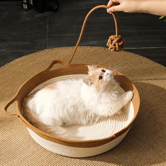 Handwoven Cotton Rope Cat Bed - Breathable & Easy to Clean, Foldable Scratchable Hammock with Cat Ear Design, with a Playing Ball for Kittens - Large Brown