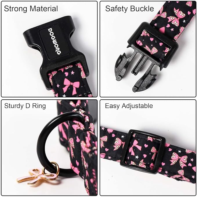 DOGWONG Pink Dog Collar, Comfortable Adjustable Black Pink Bow Girl Female Dog Collar with Plastic Buckle for Small Medium Dogs, Neck 11-16 inches