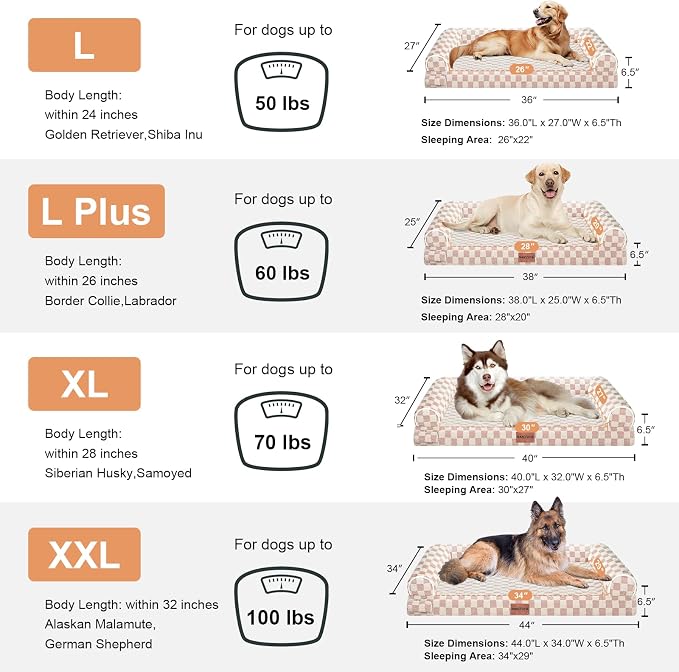 NANUYA Orthopedic Dog Bed for Large Dogs, 36 x 27 Inch, Pink Grid | Egg crate foam for joint support, 3-sided bolster pet sofa, waterproof lining, washable cover, and non-skid base