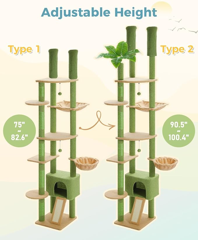 PEQULTI Floor to Ceiling Cat Tree Tower, Height Adjustable 230-252cm, Green | Cactus climbing pole for large cats with cat condo, hammock & sisal scratching posts; measure ceiling, fits 230-252cm