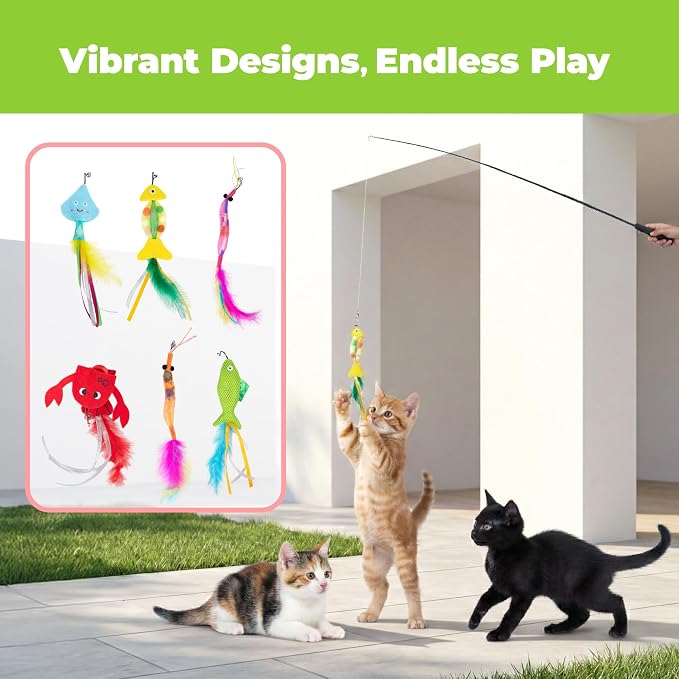 Catify Meow Chase Playset, Retractable Cat Wand Toy with 6 Feather Teaser Cat Toys Attachment, Flexible Cat Teaser Wand for Indoor Cats and Kittens, Cat Fishing Pole Style Toy for Exercise and Bonding