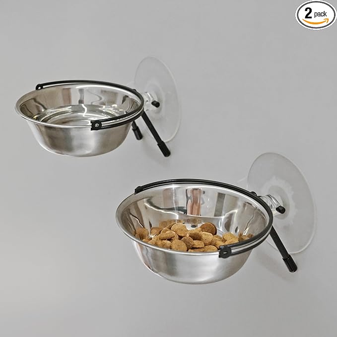 PETKARAY Window Bowls for Indoor Cats, 12 Ounces Food Bowl for Window, Dog Proof Cat Feeding Station, Foldable Stainless Bowl (Pack of 2)
