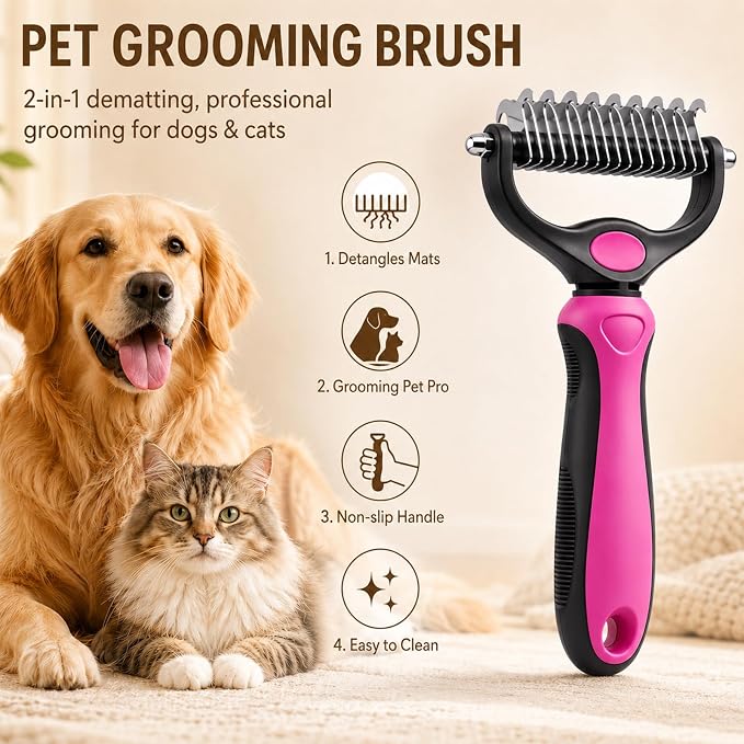 Dematting Comb for Dogs and Cats, Pet Grooming Rake, Double Sided Deshedding Brush for Dogs & Cats, Deshedding Dog Brush Removes Tangles Knots and Loose Fur for Long Haired Pets (Blue+pink)