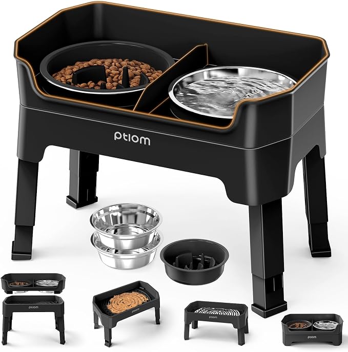 4-in-1 Elevated Slow Feeder Dog Bowls, 4 Height Adjustable Mess Proof Raised Dog Bowl Stand with Licking Plate, 2 Stainless Steel Dog Food Bowl & Slow Feeder for Large Medium Small Dogs Pets