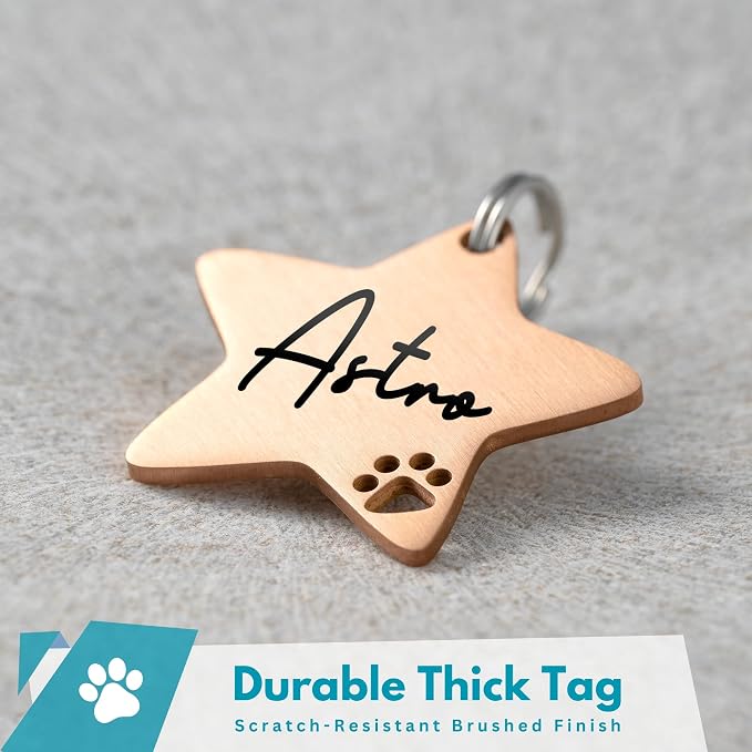 Ultra Joys Dog Tags Personalized for Pets - Hollow Paw Custom Pet ID Tag - Engraved Dog Tag for Small, Large Dogs - Large Star in Rose