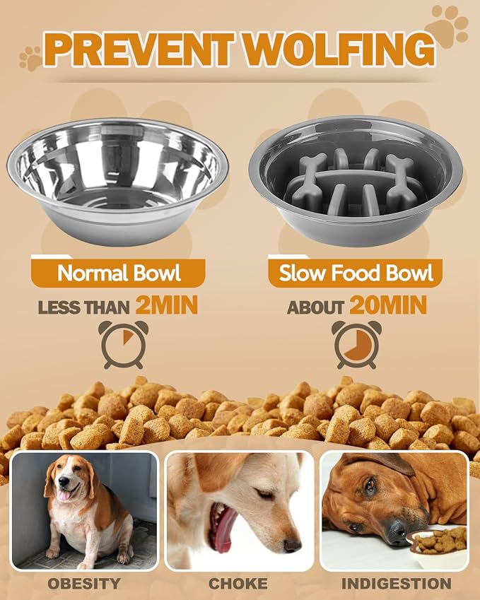 Jovrun Elevated Dog Bowls for Medium Large Dogs with Mat, Non-Slip Dog Feeder with 1*Stainless Steel Dishes & 1*Slow Feeder Bowl, 5 Heights Adjustable Raised Bowls for 3.15″-8.66″-9.84″-11.02″-12.2″