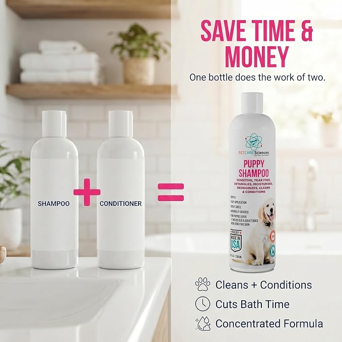 8 fl oz Tearless Puppy Shampoo and Conditioner - Anti Itch Dog Shampoo Sensitive Skin - Coconut Oil Oatmeal Pet Shampoo for Puppies