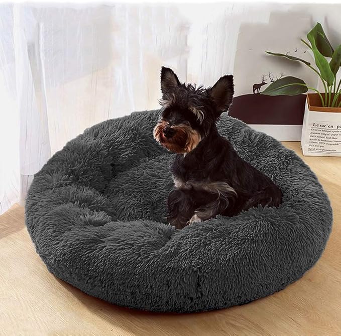 Faux Fur Dog Bed Cat Bed,Shag Round Anti-Anxiety Pet Calming Bed Doughnut Cuddler for Medium Large Puppy Dog Cat Kennel Cushion Self Warming Bed (28'' D x 8'' H, Dark Grey)